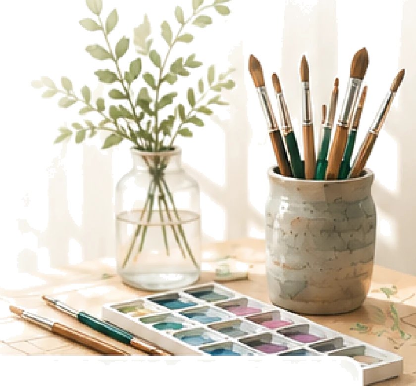 Watercolor brushes and flowers