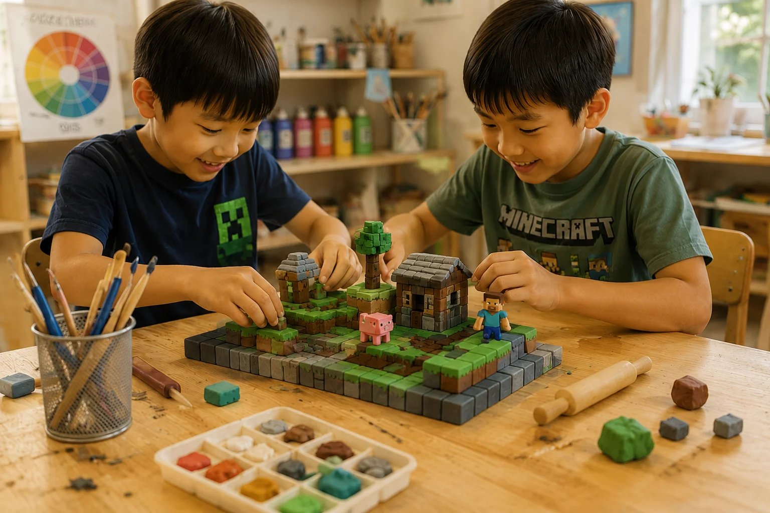 Children making colorful crafts together at a table