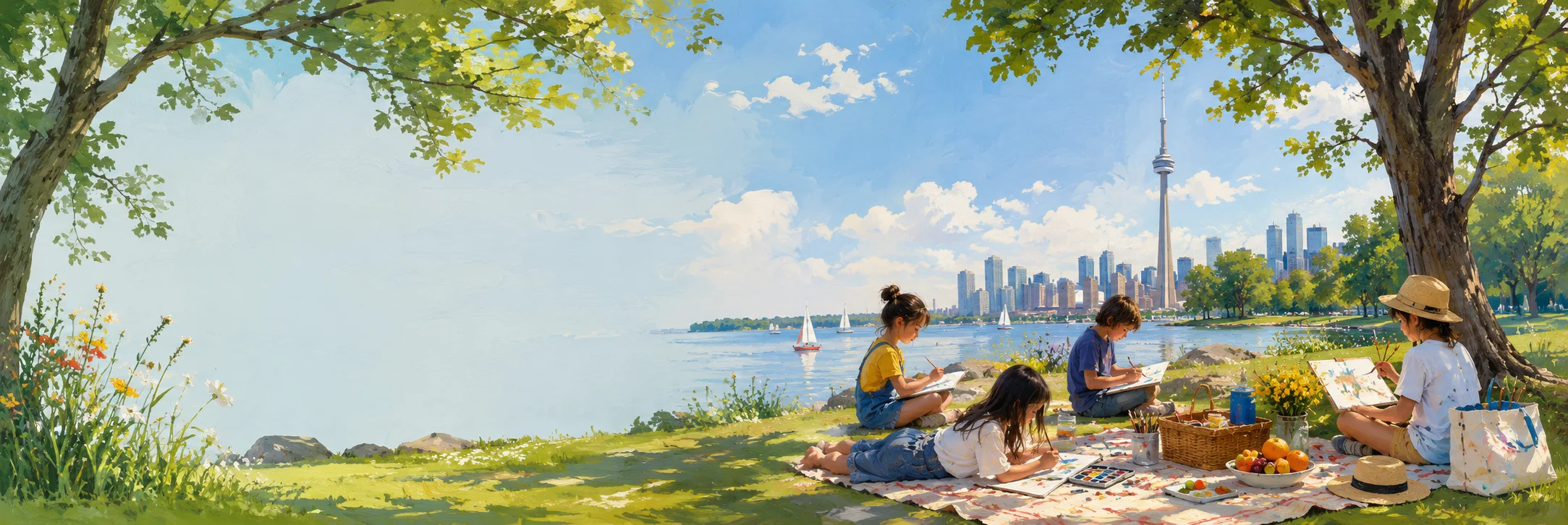 Children enjoying a watercolor summer landscape