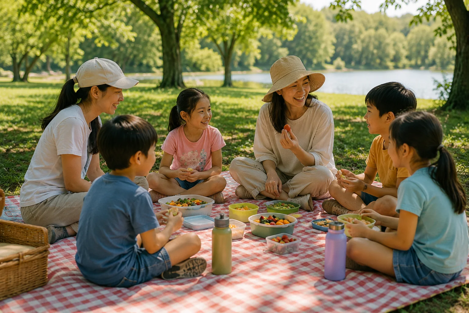 Children enjoying lunch together at summer camp