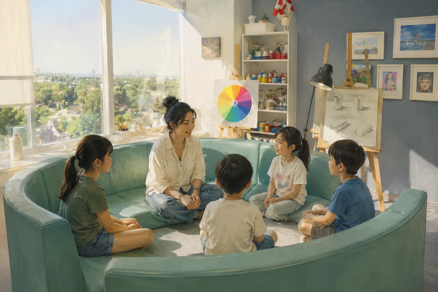 Children and instructors gathering for morning circle at XinYi summer camp