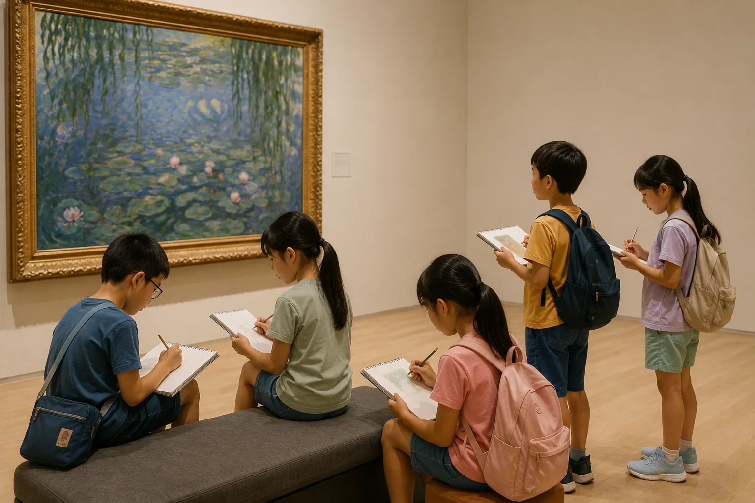 Campers exploring art inside a museum gallery
