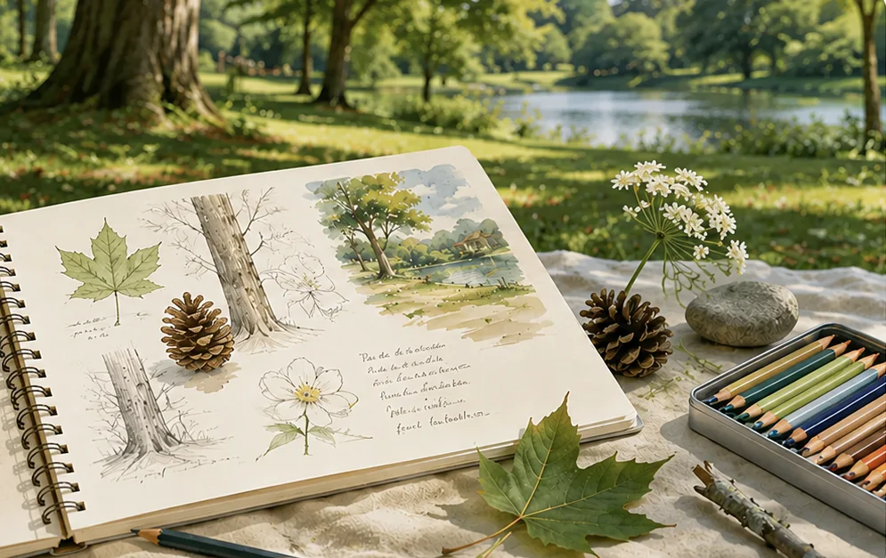 Young artist sketching outdoors beside a lake