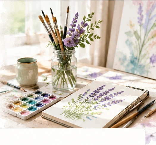 Watercolor art supplies and lavender flowers