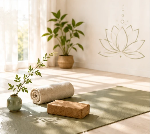 Bright yoga studio with plants and yoga props